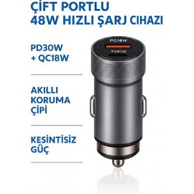 Resim 48w Hızlı Araç Şarj Cihazı - Çift Port Pd 30w Ve Qc 18w Usb Araç Şarjı - 