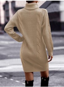 Resim Aqe Fashion Saç Örgü & Selanik Örgü Desenli, Links Detay, Boğazlı, Uzun Kollu, Sırt Detay Desenli Taş Triko Elbise Tunik Taş 