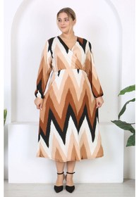 Resim Mooi Xxl Kadın Kahve Zigzag Desen Kruvaze Yaka Balon Kol Maxi Boy Bürümcük Elbise Kahverengi 