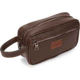 Resim Newish Polo Erkek Kahverengi Deri Portföy Clutch Traş Kozmetik Bakım ve Günlük El Çantası new269 