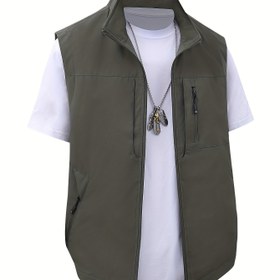 Resim Erkekler için Rahat Haki Kolsuz Yelek Çoklu Cepli - Yüksek Kaliteli Polyester, Fermuarlı Yaka, İp Bel, Dış Mekan Aktiviteleri ve Yazlık Giyim için Mükemmel 