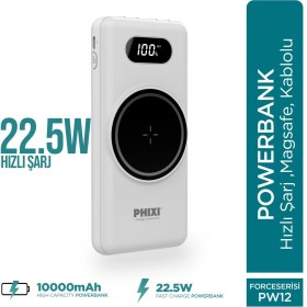 Resim Phixi Force PW12 10000mAh 22.5W MagSafe Kendinden Kablolu Şarj Cihazı - Kablosuz Powerbank - 1 USB 1 PD Port 4 Kablo Çıkışı - LED Ekran - Taşınabilir Şarj Cihazı 