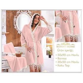 Resim Lorena Pudra Kadın Fransız Dantelli Balayı Çeyizlik Bornoz Set Pudra 