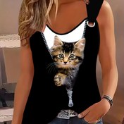 Resim Kadınların Açık Hava Eğlence Sporları Tank Topu, 3D Baskılı Kedi Deseni ve Halka Tokalı. 