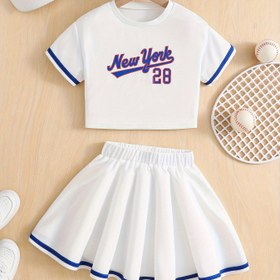 Resim Yeni York Baskılı Kızlar Spor Giyim Takımı, Nefes Alabilen Spor T-Shirt + Kısa Etek Takımı Yazlık Dış Mekan Tenis Kıyafeti 