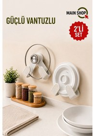Resim Mainshop 2'li Set Yapışkanlı Tencere Kapağı Askısı Ve Tabak Tutucu - Delme Gerektirmez M-56 Beyaz 