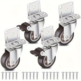 Resim 4 adet 3.17 cm L şeklinde döner tekerlekli kilitli tekerlekler, sessiz ve pürüzsüz, dar montaj, çelik konstrüksiyon, ağır hizmet tipi döner tekerlekler (2 frenli, 2 döner) 