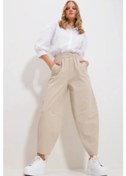 Resim Kadın Bej Gabardin Şalvar Pantolon Lastikli Bel, Cepli, Rahat Kesim Bej 