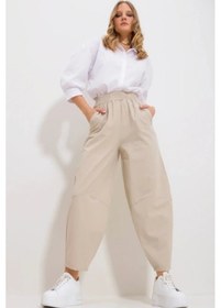 Resim Kadın Bej Gabardin Şalvar Pantolon Lastikli Bel, Cepli, Rahat Kesim Bej 