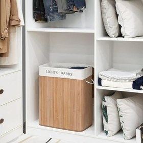 Resim Orret Home Doğal Bambu Katlanabilir Kirli Çamaşır Sepeti, Yıkanabilir Çıkarılabilir Astar Torbalı, Sele Görünümlü Şık ve Dayanıklı Çamaşır Sepeti, Kapaklı ve Ergonomik Tasarım (2 Bölmeli) 