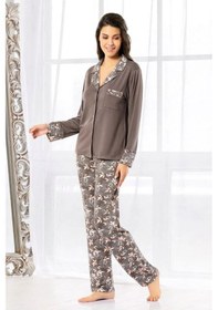 Resim Faal 8603 Kadın Uzun Kollu Önden Düğmeli Pijama Takımı-kahve Kahve 