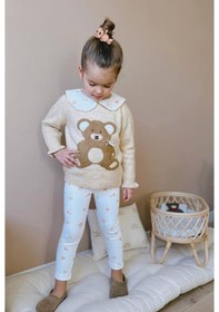 Resim Lolliboomkids Kız Çocuk Teddy Bear Sevimli Ayıcık Süzene Nakışlı Triko Kazak Fitil Çiçekli Tayt Alt Üst Takım Sütlü Kahve 