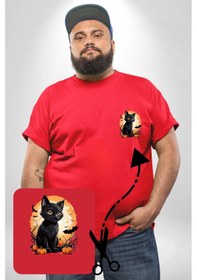 Resim Angemiel Cadılar Bayramı Kedi Kırmızı Büyük Beden Kadın Basic Minimal Baskılı Tişört Kırmızı 
