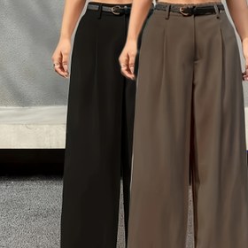 Resim 2 Adet Şık Kadın Yüksek Bel Pileli Geniş Paça Günlük Pantolon, Kemerli 