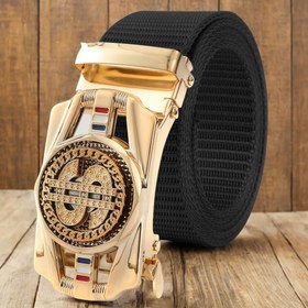 Resim Erkek Şık Dönen Otomatik Toka Kemer - Altın Tonlu Metalik Naylon Siyah Kayış ile, Elastik Bel İş Gündelik ve Resmi Giyim için, İş Gündelik Kemer | Dönen Toka Kemer | Dayanıklı Naylon Kemer 