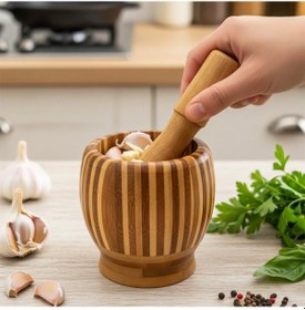 Resim Porsima Pbt-409 Doğal Bambu Havan - Sarımsak Döveceği Ahşap Sarımsak Ezici Havan Döveç Ahşap 