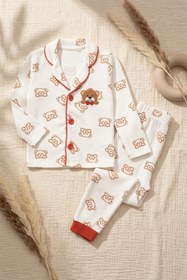 Resim DYZSTAR Bebek ve Çocuk Fitilli Pijama Takımı Kırmızı Ayıcık Baskılı Kaşkorse Uzun Kollu 1-2-3 Yaş 