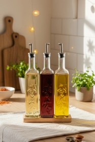 Resim Snippy Safir - Ahşap Standlı 3'lü Cam Damlatmaz Yağlık Sirkelik Zeytinyağı Sıvıyağ Şişesi Yağdanlık 500ml Ahşap 