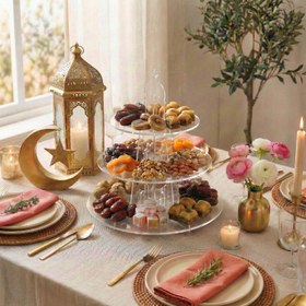 Resim Ramazan İkramlık Servis Standı - Yuvarlak 3 Katlı Akrilik Sunumluk - 30x30 cm / Şeffaf 
