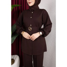Resim Weak Blue Kemer Detaylı Tesettür Ikili-Düğmeli Tunik Bol Paça Şık Günlük Kombin 