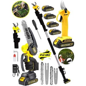 Resim Dragro DRG-598tls Sarı 4x4 598 Vf 20Ah 2li Set 4 Akülü Teleskopik Ağaç Dal Kesme Budama Makası 