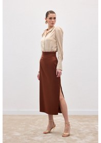 Resim Sateen Bel Pile Detaylı Saten Etek - Kahve-136548 Kahve 