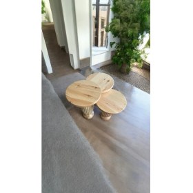 Resim Wood Wooden Ahşap 3lü Set Fitilli Mantar Yan Sehpa Modern Naturel Renk Fiskos 