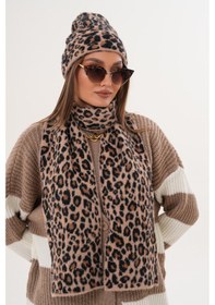 Resim Lüks Yumuşak Dokulu Leopar Atkı Bere Seti Kaliteli Triko Kombin Taş Leopar 