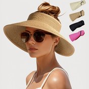 Resim Kadınlar için Geniş Kenarlı Saman Tarzı Güneşlik Şapka - At Kuyruğu Delikli Paketlenebilir Polyester Plaj Şapkası, Açık Hava Seyahati, Plaj ve Günlük Kullanım için 10 Çok Yönlü Sahne 