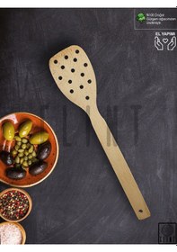 Resim Gürgen Ağacı El Yapımı Tahta Ahşap Süzgeç Servis Spatula 32cm 