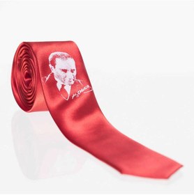 Resim Çocuk Boy Atatürk Ve Imza Baskılı Saten Kırmızı Kravat - Ck-28 