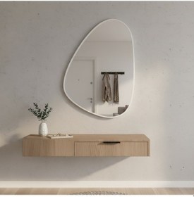 Resim 40x56 Cm Modern Organik Şekilli Beyaz Çerçeveli Düzensiz Banyo Aynası Dekoratif Asimetrik Duvar Aynası Beyaz 