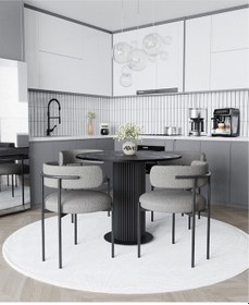 Resim Avvio Duru Teddy Sandalye 90x90 Yuvarlak Mutfak Masası Takımı Yemek Odası Masası Takımı Bukle Kumaş Siyah Mermer 