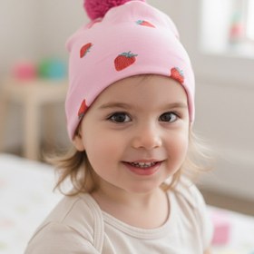 Resim Çilek Desenli Pembe Ponponlu Çift Katlı Likralı İnce Penye Bere - 2-3 Yaş 