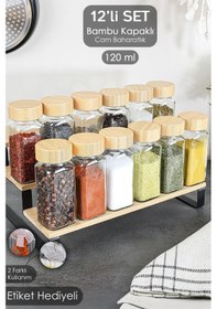 Resim 12'li Bambu Kapaklı Cam Baharatlık Seti - Etiketli Tuzluk Biberlik Köşeli Baharat Takımı 120 Ml ŞEffaf 