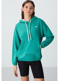Resim Tommy Life Deniz Yeşili Kompakt Pamuklu Kalın Pürüzsüz Dokulu Kapüşonlu Oversize Fit Kadın Sweatshirt - 97291 Yeşil 