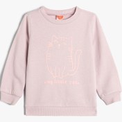 Resim Kız Bebek Sweatshirt Kedi Baskılı Uzun Kollu Bisiklet Yaka Pamuklu 