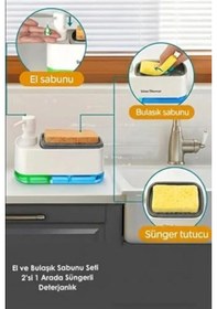 Resim 2'si 1 Arada Sabunluk Ve Bulaşık Süngerliği Çift Hazneli Sıvı Sabunluk Ve Deterjanlık Mutfak Tezgah Üstü Pratik Süngerlik Sabunluk Seti 