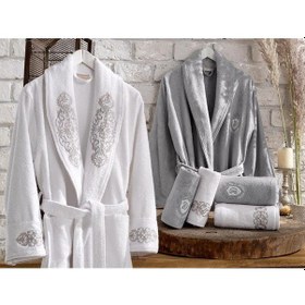 Resim Dantela Bambu Bornoz Aile Seti Merlin Gri-Beyaz Beyaz - Gri 