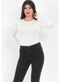 Resim Giysa Kadın Ekru Bisiklet Yaka Uzun Kollu Esnek Çıtçıtlı Body Zıbın - 2439 Ekru 