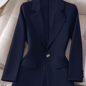 Resim Kadınların Zarif Mavi Tek Düğmeli Blazer - Dar Kesim Uzun Kollu Ceket, Yırtmaçlı Yaka, Ofis ve Günlük Giyim İçin Çok Yönlü, Tüm Mevsimler İçin Düz Renkli Ceket, Ofis Giyim, Şık Stil, Düzenli Kesim 