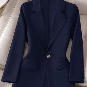 Resim Kadınların Zarif Mavi Tek Düğmeli Blazer - Dar Kesim Uzun Kollu Ceket, Yırtmaçlı Yaka, Ofis ve Günlük Giyim İçin Çok Yönlü, Tüm Mevsimler İçin Düz Renkli Ceket, Ofis Giyim, Şık Stil, Düzenli Kesim 