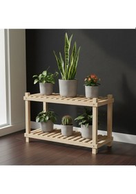 Resim Modern Masif Ahşap Çiçek Standı - 2 Raflı Köknar Ağacı Çok Amaçlı Raf 100x50 Bej 