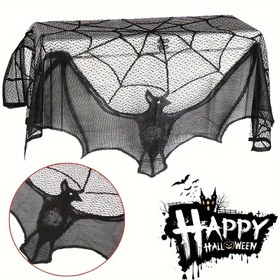Resim Halloween Dantel Perde Siyah Yarasa Örümcek Masa Örtüsü Şömine Manteli Eşarp Kapak Halloween Ev Odası Cobweb Korku Dekorasyonu, Noel 