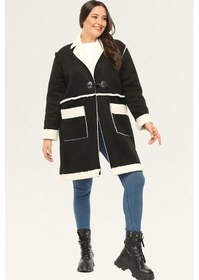 Resim Kadın Büyük Beden İçi Kürklü Nubuk Siyah Kaban Siyah 