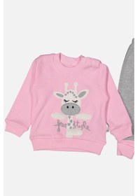 Resim Zürafa Nakışlı % 100 Pamuk Kız Bebek Takımı Pembe 