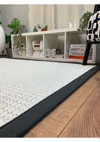 Resim Saraz Halı Kumaş Bordür Gri Bukle Antrasit Bordür Halı Salon Koridor Mutfak Çocuk Odası Halısı Kilim S267 Beyaz-antrasit Beyaz 