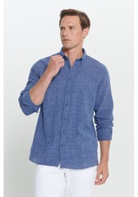 Resim AC&Co / Altınyıldız Classics Erkek Lacı Slim Fit Dar Kesim %100 Pamuk Düğmeli Yaka Gömlek Lacı Lacivert 