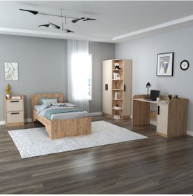 Resim Luses Genç Odası Takımı, Çalışma Masası, Gardırop, Komodin, Karyola - 4'lü Takım, Atlantik Çam Bej Atlantik Çam Bej 