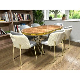 Resim Msy Home 6 Kişilik Aura Gold Serisi Ceviz Lake Oval Yemek Masası Ve Puffy Açık Gri Sandalye Takımı Modern Çok Renkli 